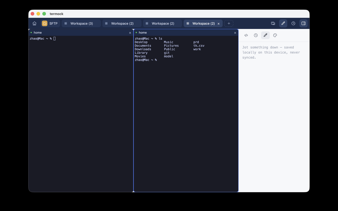 termock workspace with split terminal panes on macOS